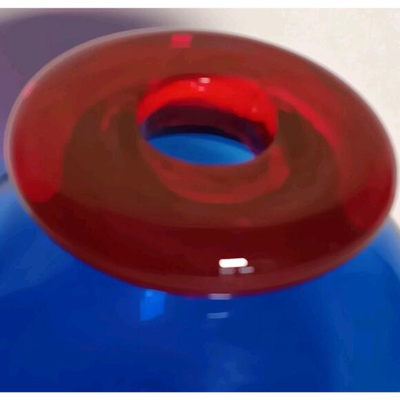 Art Glass Cobalt Blue With Red Open Top Bottle 5"H - Picture 3 of 13
